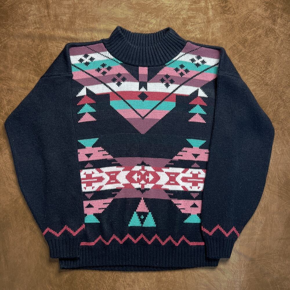 Clifton Place Vintage 80s Southwestern Knit Sweater Black Multicolor Mock Neck